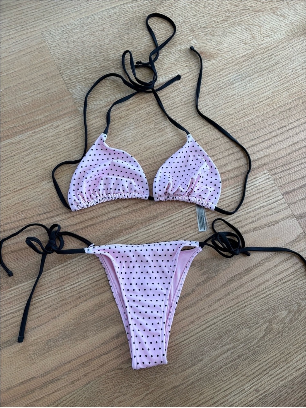 Pink Polka Dot String Bikini with Black Ties